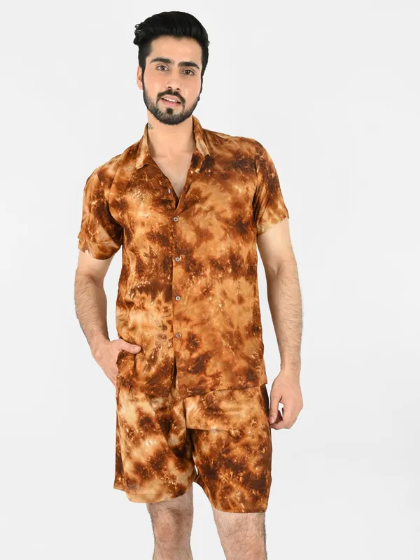 Brown_Tie_&_Dye_Printed_Shirt_With_Shorts_Co-Ord_Set