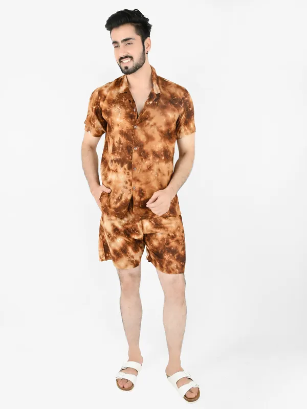 Brown_Tie_&_Dye_Printed_Shirt_With_Shorts_Co-Ord_Set