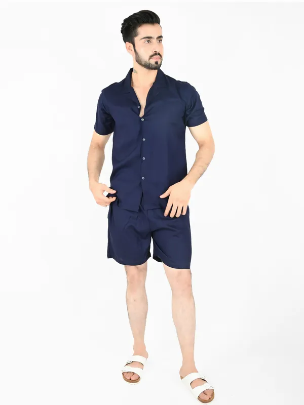 Navy_Solid_Shirt_With_Shorts_Co-Ords__For_Men