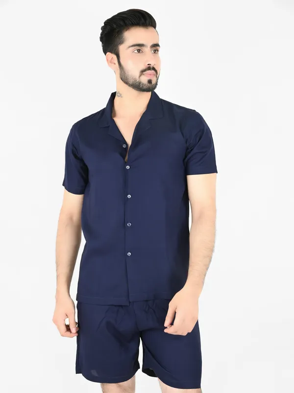 Navy_Solid_Shirt_With_Shorts_Co-Ords__For_Men