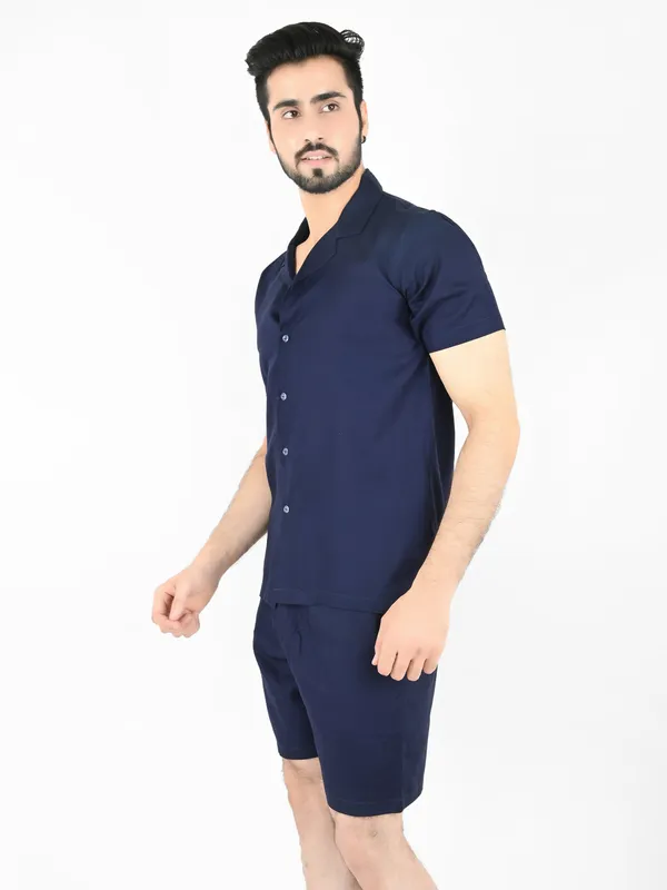Navy_Solid_Shirt_With_Shorts_Co-Ords__For_Men