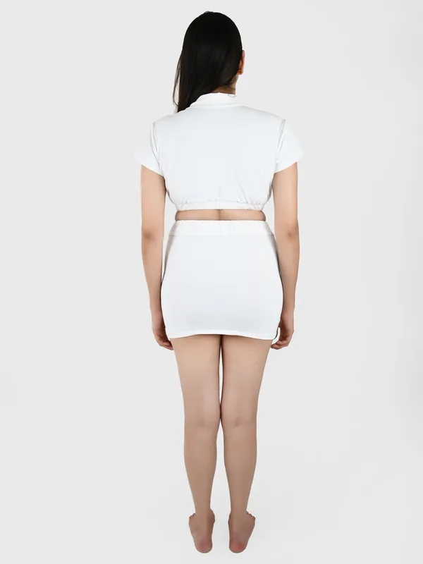 White_Solid_Collard_Top_With_Mini_Skirt_Set_for_Women