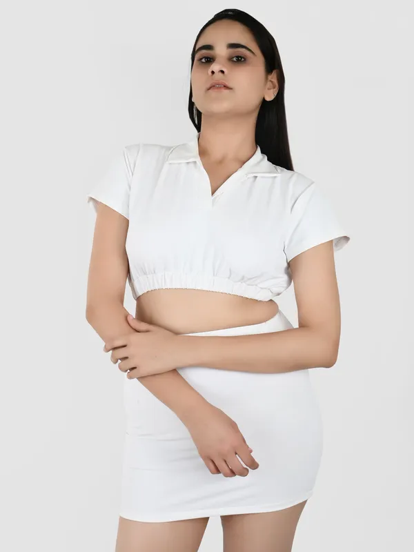 White_Solid_Collard_Top_With_Mini_Skirt_Set_for_Women
