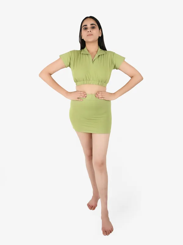 Olive_Solid_Collard_Top_With_Mini_Skirt_Set_for_Women