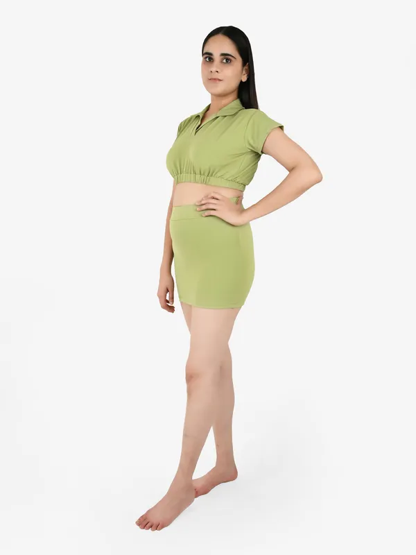 Olive_Solid_Collard_Top_With_Mini_Skirt_Set_for_Women