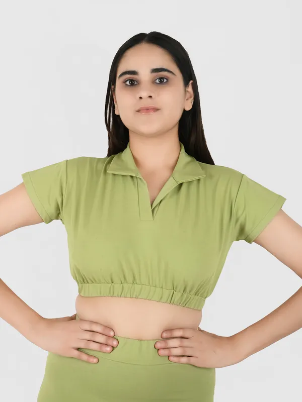 Olive_Solid_Collard_Top_With_Mini_Skirt_Set_for_Women
