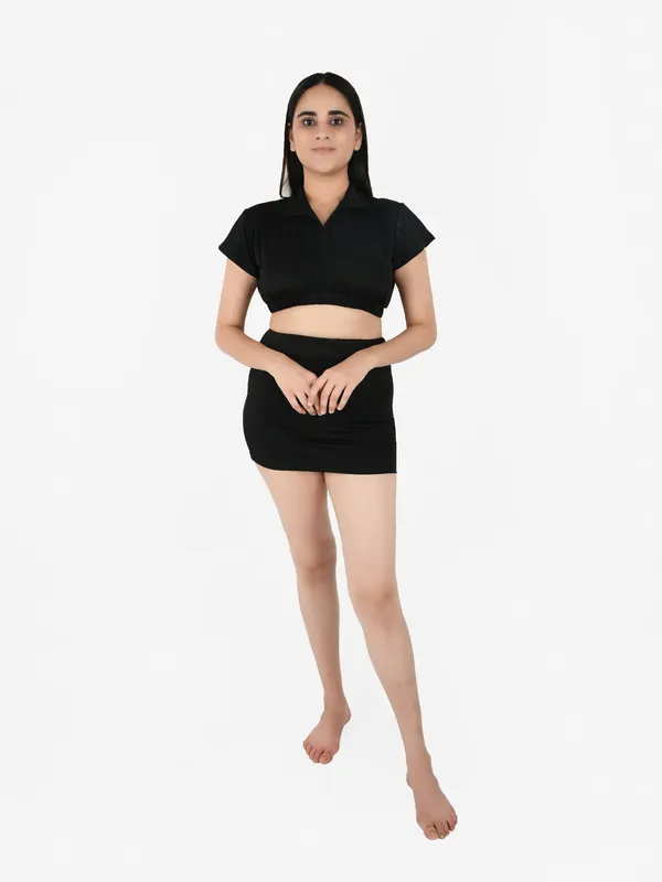 Black_Solid_Collard_Top_With_Mini_Skirt_Set_for_Women