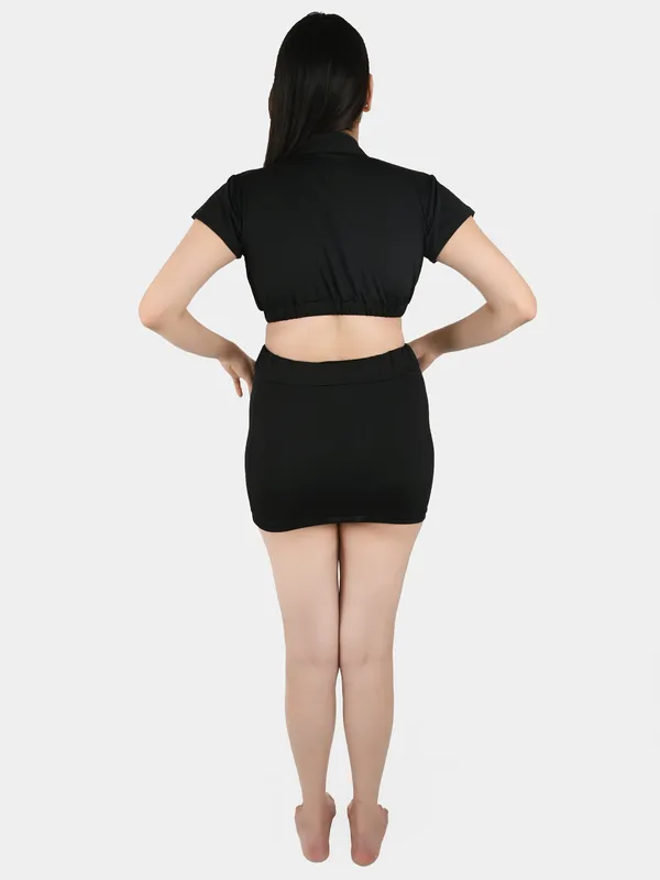 Black_Solid_Collard_Top_With_Mini_Skirt_Set_for_Women
