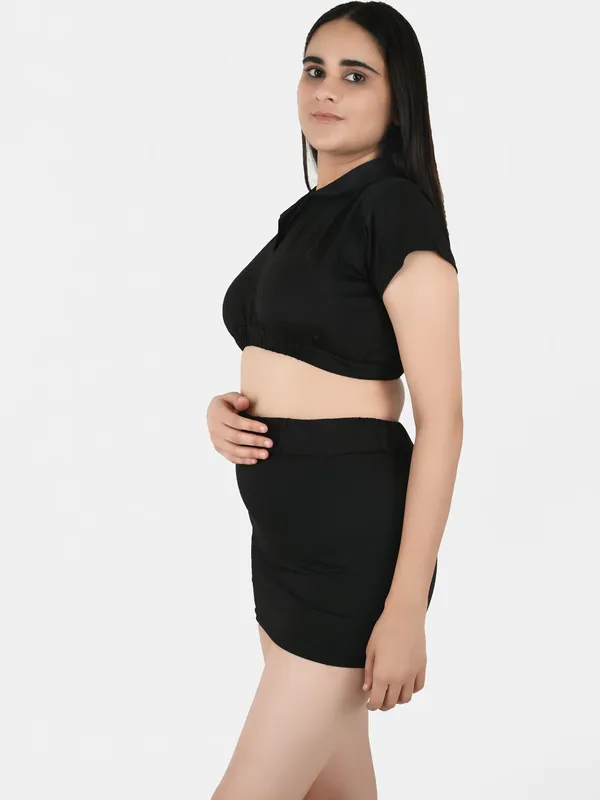Black_Solid_Collard_Top_With_Mini_Skirt_Set_for_Women
