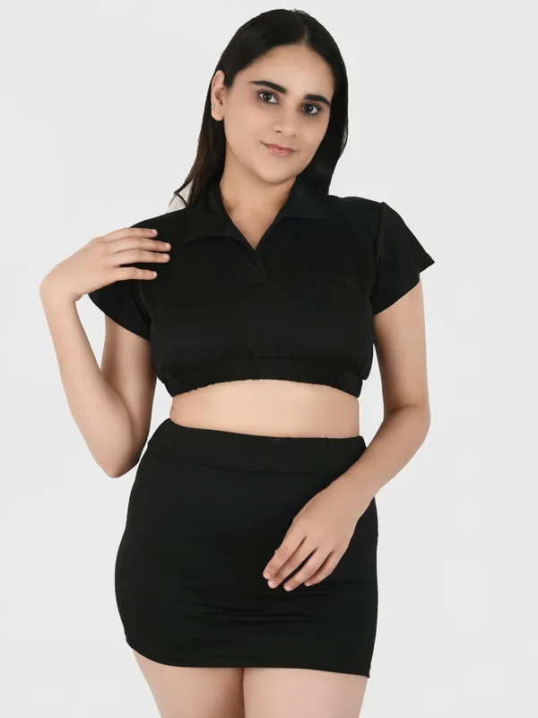 Black_Solid_Collard_Top_With_Mini_Skirt_Set_for_Women