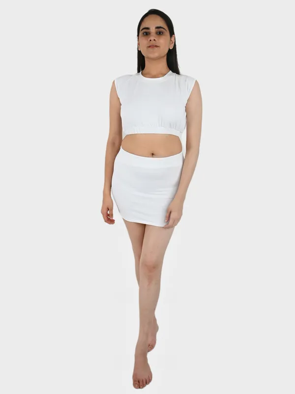 White_Solid_Top_With_Mini_Skirt_Set_for_Women