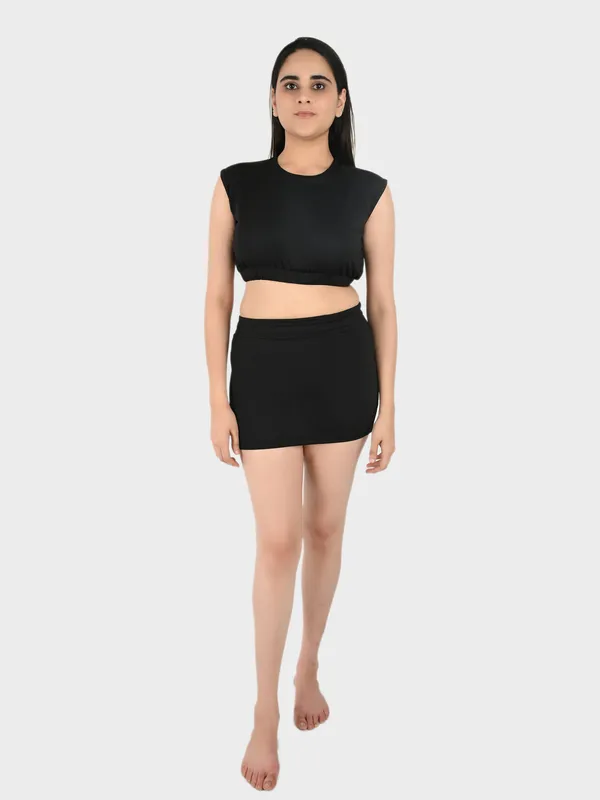 Black_Solid_Top_With_Mini_Skirt_Set_for_Women