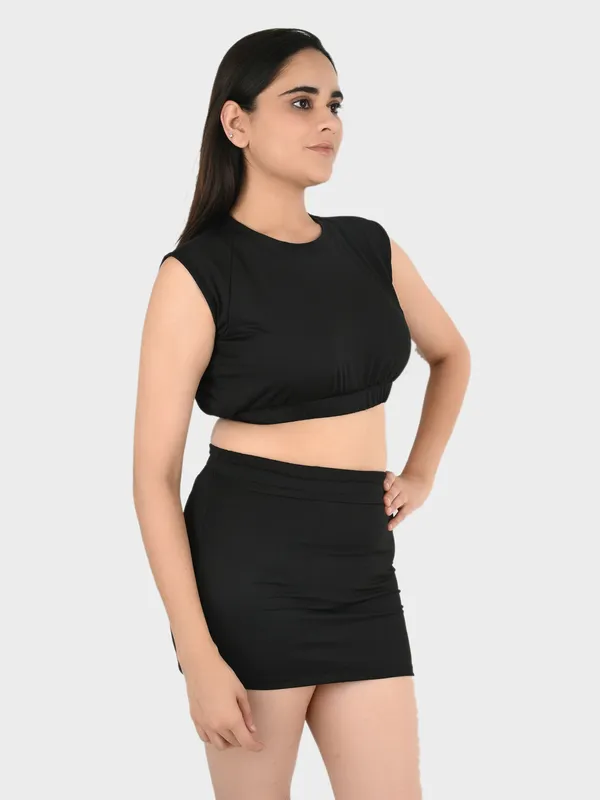Black_Solid_Top_With_Mini_Skirt_Set_for_Women