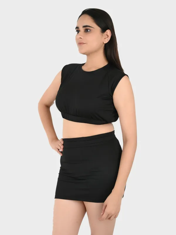 Black_Solid_Top_With_Mini_Skirt_Set_for_Women