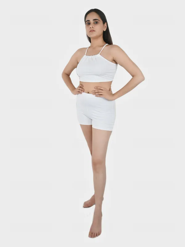 White_Solid_Bralette_Top_With_Shorts_Set_For_Women