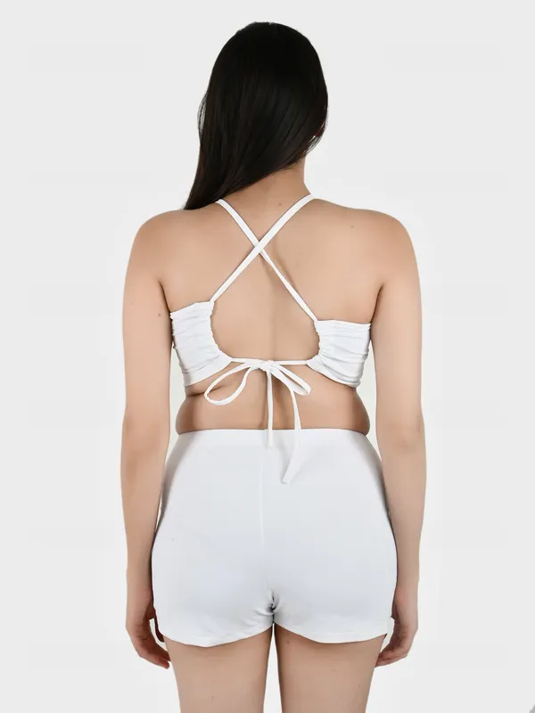 White_Solid_Bralette_Top_With_Shorts_Set_For_Women