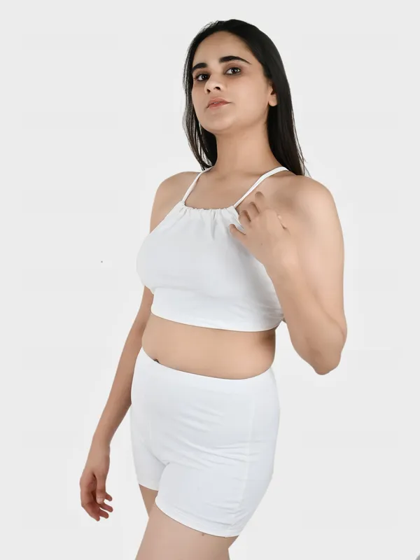 White_Solid_Bralette_Top_With_Shorts_Set_For_Women