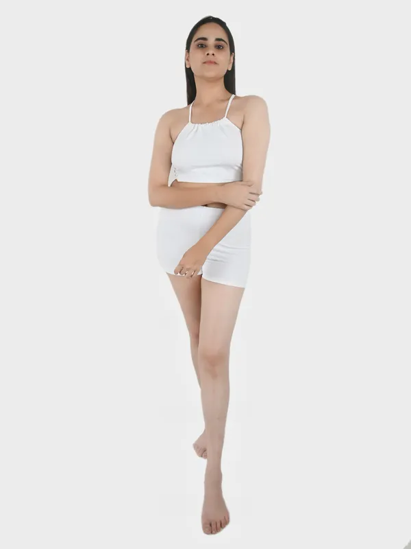 White_Solid_Bralette_Top_With_Shorts_Set_For_Women