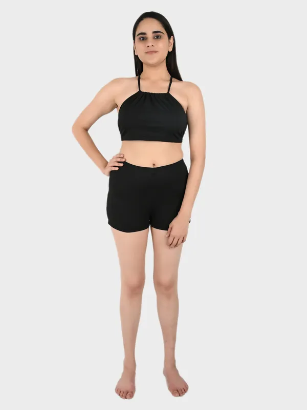 Black_Solid_Bralette_Top_With_Shorts_Set_For_Women