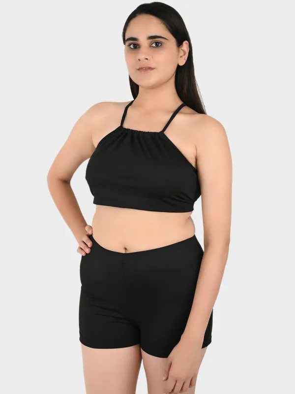 Black_Solid_Bralette_Top_With_Shorts_Set_For_Women