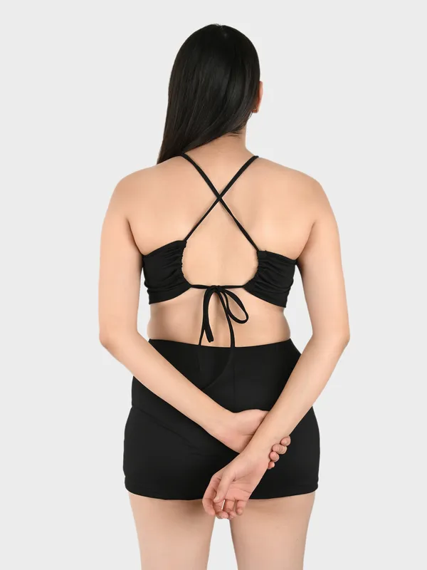 Black_Solid_Bralette_Top_With_Shorts_Set_For_Women