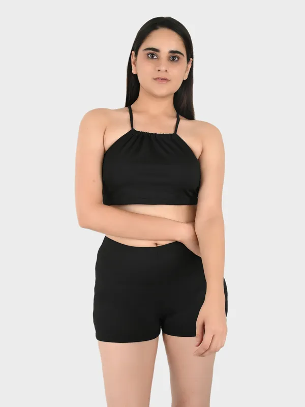 Black_Solid_Bralette_Top_With_Shorts_Set_For_Women