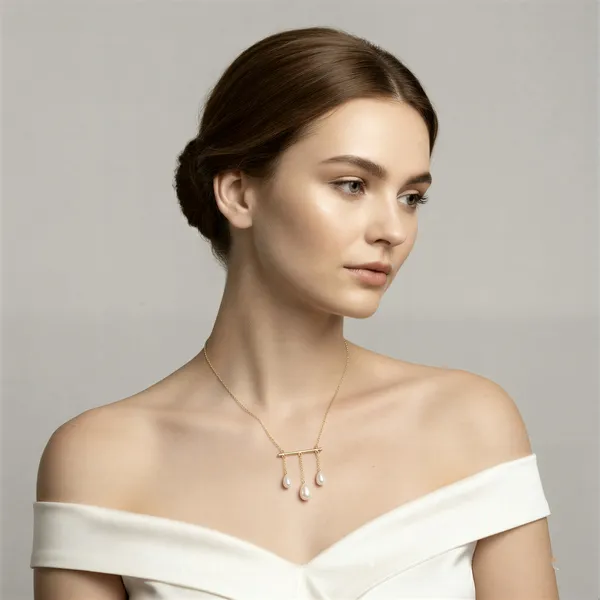 Gold_Triple_Pearl_Drop_Bar_In_Polished_Brass_Modern_Teardrop_On_Delicate_Tone_Chain_Dokiya_For_Women_And_Girl