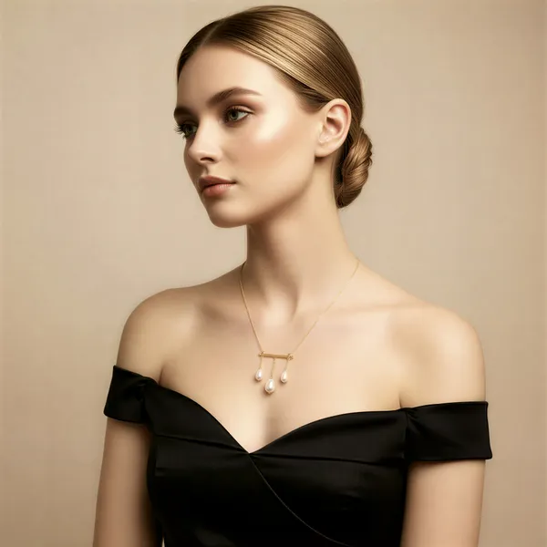 Gold_Triple_Pearl_Drop_Bar_In_Polished_Brass_Modern_Teardrop_On_Delicate_Tone_Chain_Dokiya_For_Women_And_Girl
