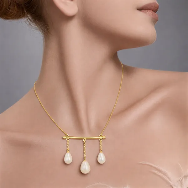 Gold_Triple_Pearl_Drop_Bar_In_Polished_Brass_Modern_Teardrop_On_Delicate_Tone_Chain_Dokiya_For_Women_And_Girl
