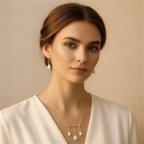 Gold_Triple_Pearl_Drop_Bar_In_Polished_Brass_Modern_Teardrop_On_Delicate_Tone_Chain_Dokiya_For_Women_And_Girl