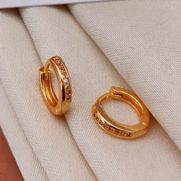 Gold_Geometric_Patterned_Copper_Huggie_Warm_Tone_Small_Hoop_With_Greek_Key_Design_And_Pavé_Stones_Earrings_For_Women_And_Girl