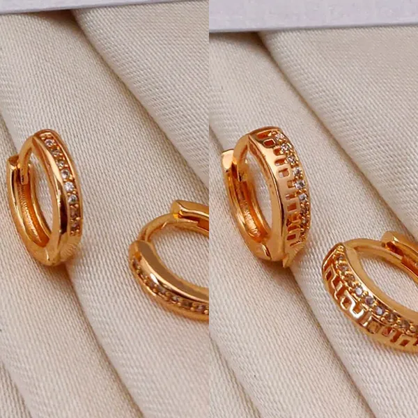 Gold_Geometric_Patterned_Copper_Huggie_Warm_Tone_Small_Hoop_With_Greek_Key_Design_And_Pavé_Stones_Earrings_For_Women_And_Girl
