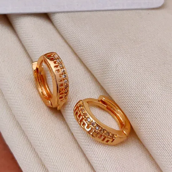 Gold_Geometric_Patterned_Copper_Huggie_Warm_Tone_Small_Hoop_With_Greek_Key_Design_And_Pavé_Stones_Earrings_For_Women_And_Girl