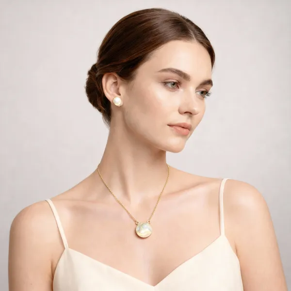 Gold_Iridescent_Mother_Of_Pearl_Style_Jewelry_Set_In_Polished_Brass_Round_And_Matching_Stud_Pendant_Set_For_Women_And_Girl