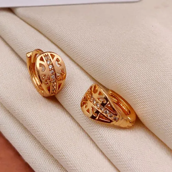 Gold_Vintage_Style_Copper_Huggie_Intricate_Filigree_Cutout_Hoops_With_Sparkling_Crystal_Center_Row_Earrings_For_Women_And_Girl