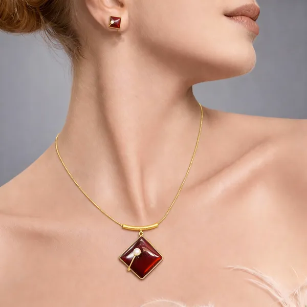 Gold_Vintage_Inspired_Brass_Jewelry_Set_Deep_Garnet_Red_Square_And_Matching_Stud_With_Pearl_Accents_Pendant_Set_For_Women_And_Girl