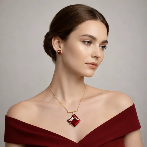Gold_Vintage_Inspired_Brass_Jewelry_Set_Deep_Garnet_Red_Square_And_Matching_Stud_With_Pearl_Accents_Pendant_Set_For_Women_And_Girl