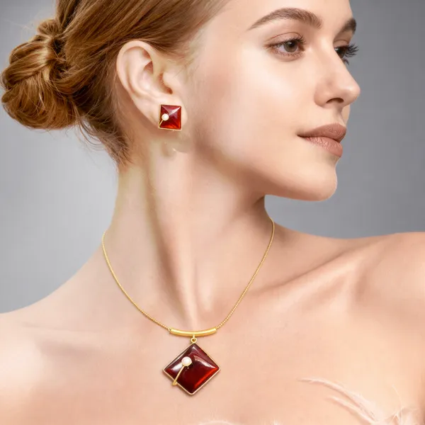 Gold_Vintage_Inspired_Brass_Jewelry_Set_Deep_Garnet_Red_Square_And_Matching_Stud_With_Pearl_Accents_Pendant_Set_For_Women_And_Girl