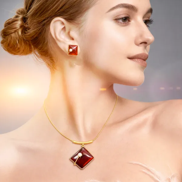 Gold_Vintage_Inspired_Brass_Jewelry_Set_Deep_Garnet_Red_Square_And_Matching_Stud_With_Pearl_Accents_Pendant_Set_For_Women_And_Girl