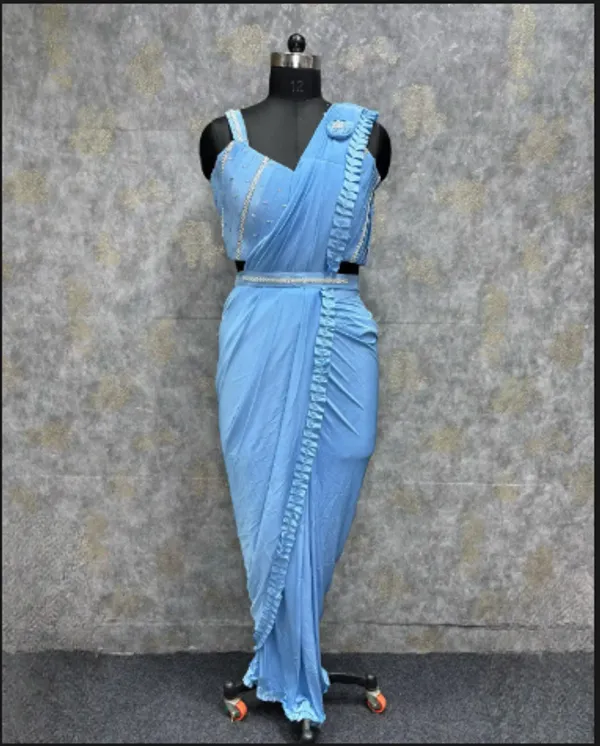 Sky_Blue_Trendy_Unstitched_Blouse_With_Drape_Saree_For_Women