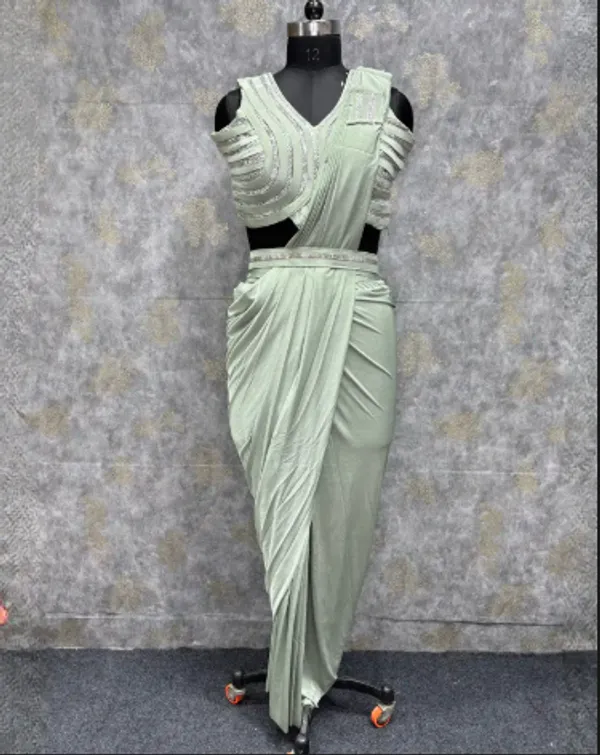 Light_Green_Trendy_Unstitched_Blouse_With_Drape_Saree_For_Women