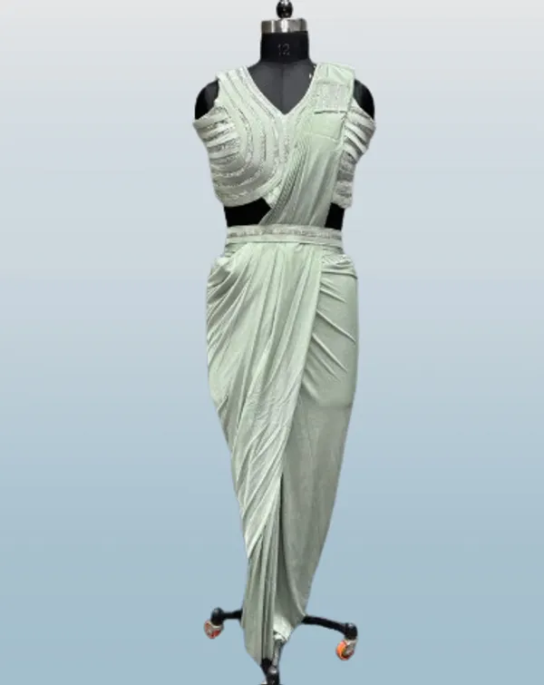 Light_Green_Trendy_Unstitched_Blouse_With_Drape_Saree_For_Women