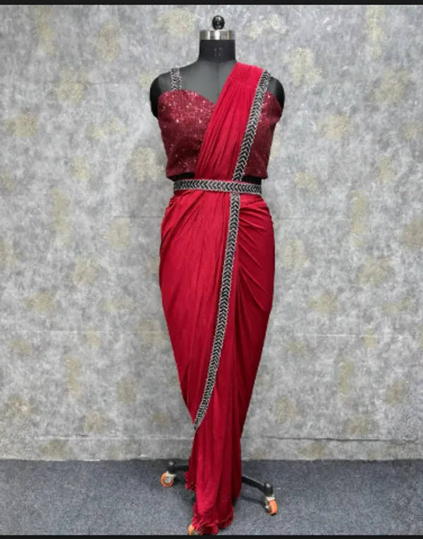 Red_Trendy_Unstitched_Blouse_With_Drape_Saree_For_Women