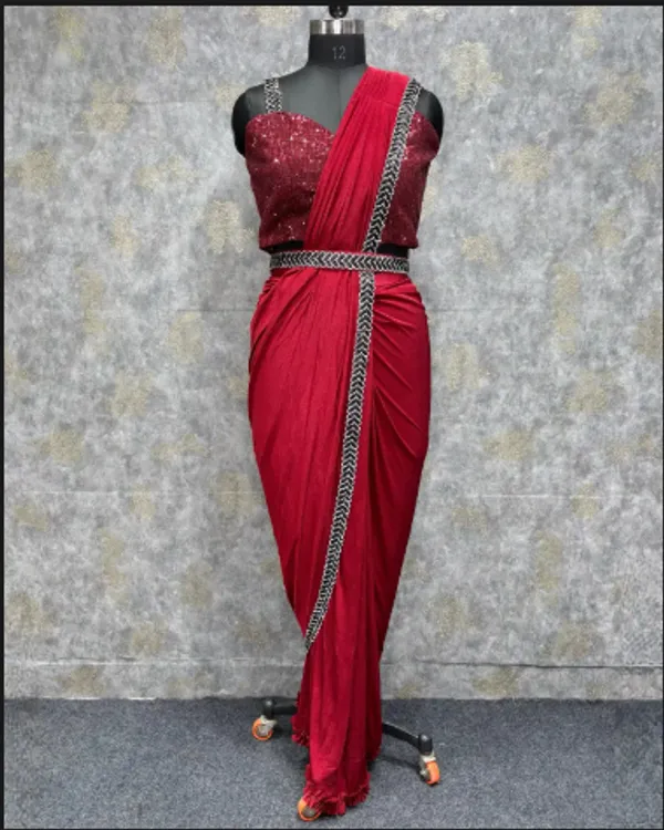 Red_Trendy_Unstitched_Blouse_With_Drape_Saree_For_Women