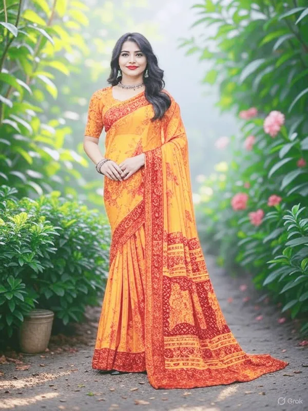 Orange_Trendy_Unstitched_Blouse_With_Printed_Saree_For_Women