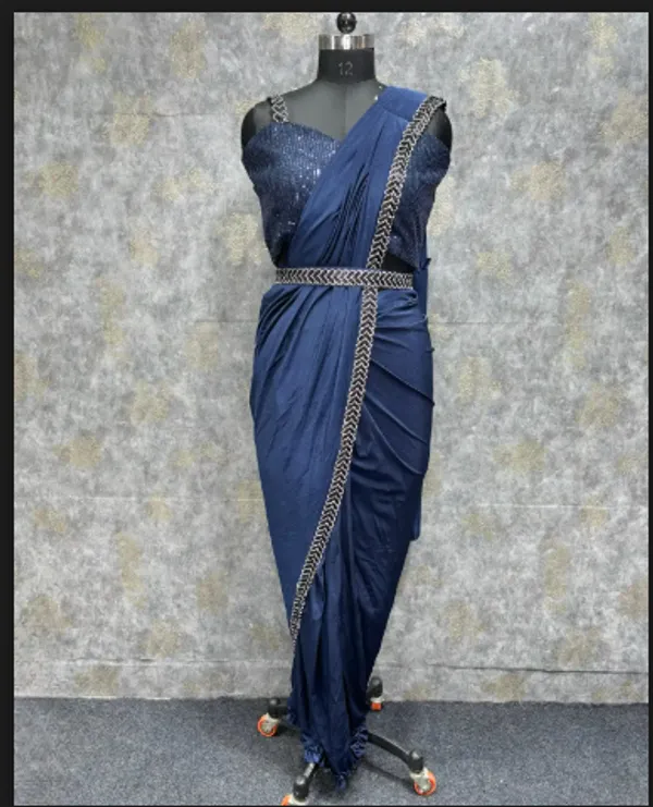 Navy_Blue_Trendy_Unstitched_Blouse_With_Drape_Saree_For_Women