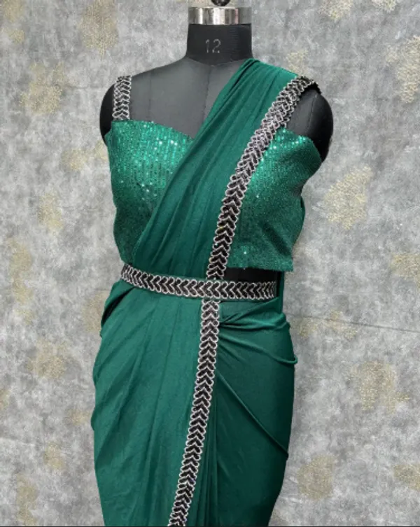 Dark_Green_Trendy_Unstitched_Blouse_With_Drape_Saree_For_Women
