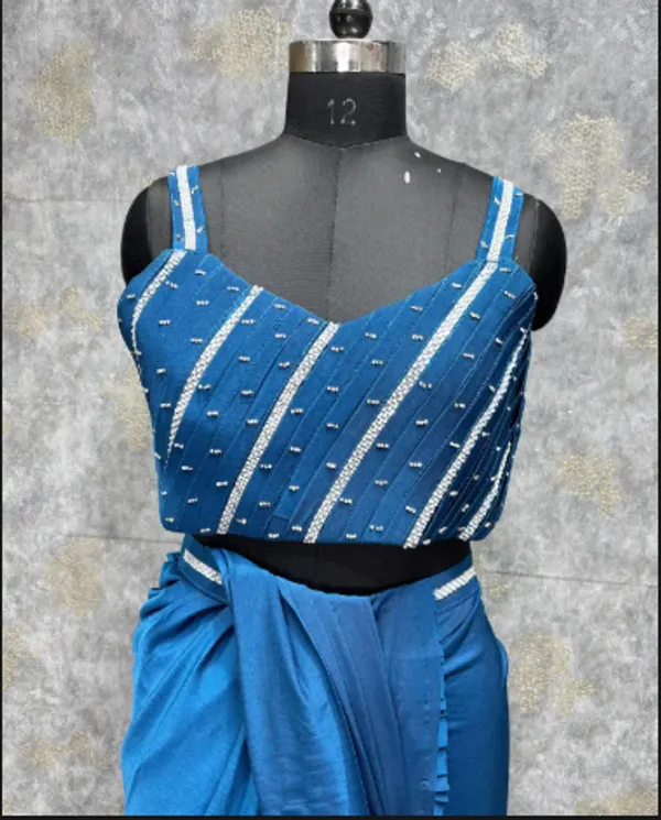 Dark_Blue_Trendy_Unstitched_Blouse_With_Drape_Saree_For_Women
