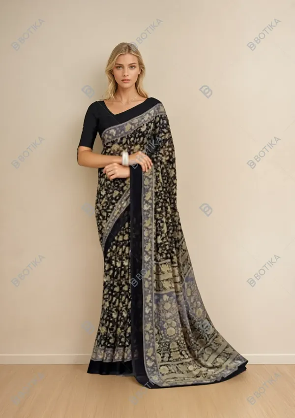 Black_Trendy_Unstitched_Blouse_With_Printed_Saree_For_Women