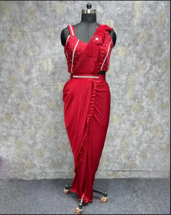 Red_Trendy_Unstitched_Blouse_With_Drape_Saree_For_Women